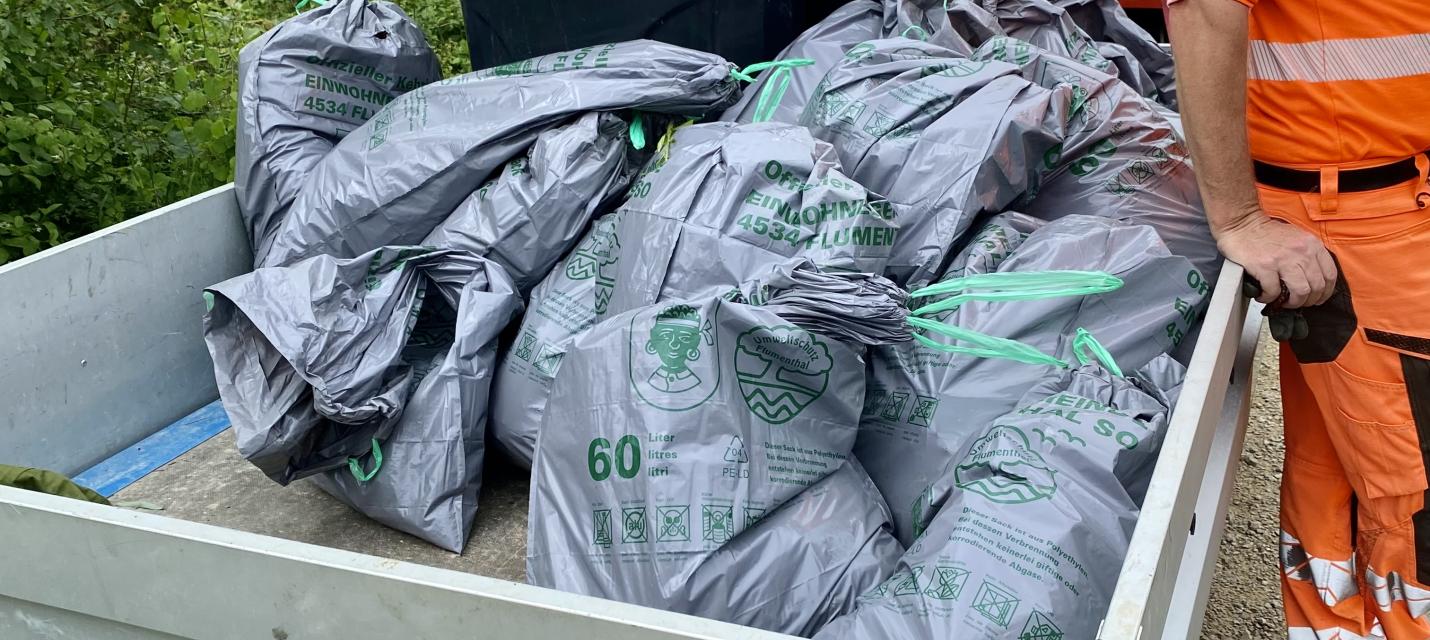 Mit gejätetem Berufkraut gefüllte Säcke